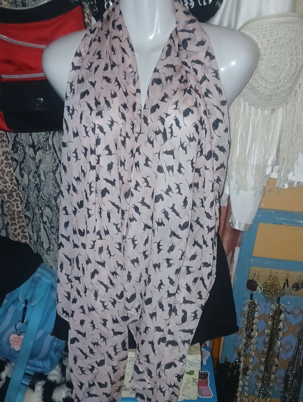Black Kitty Cat Print Light Pink Scarf